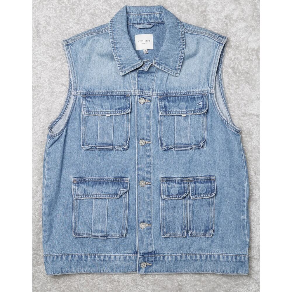 Hidden Jeans Oversized Light Blue Wash Denim Cargo Vest Womens Size M